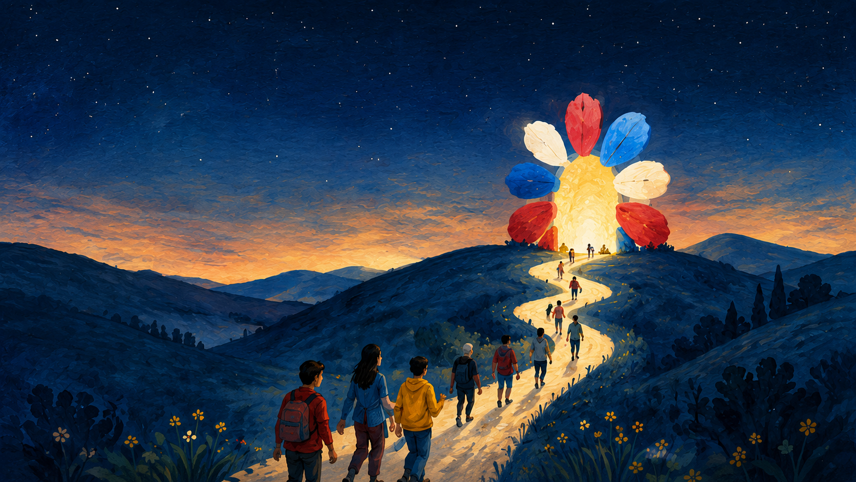 A lit path winding over dark hills at dusk toward a glowing archway shaped from the Urkha mark, with people of all ages walking it.