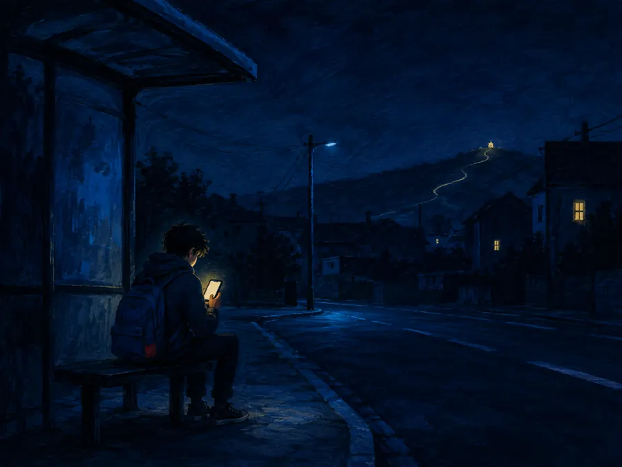 A young person alone at a bus stop at night, face lit by their phone, a lit path winding up a dark hill far behind them.