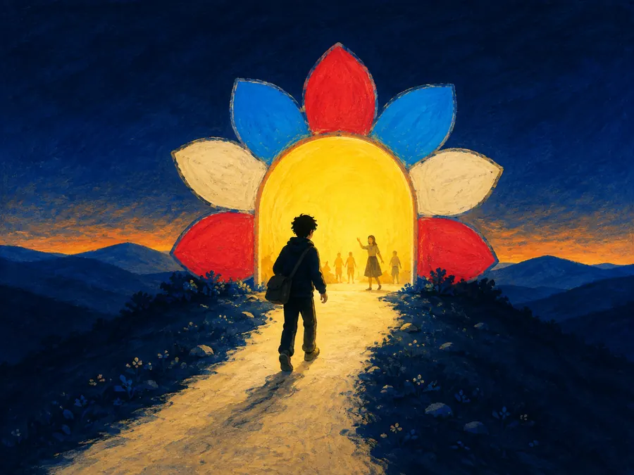 Someone walking up the path and through a glowing petal archway at dusk, people inside already turning to greet them.