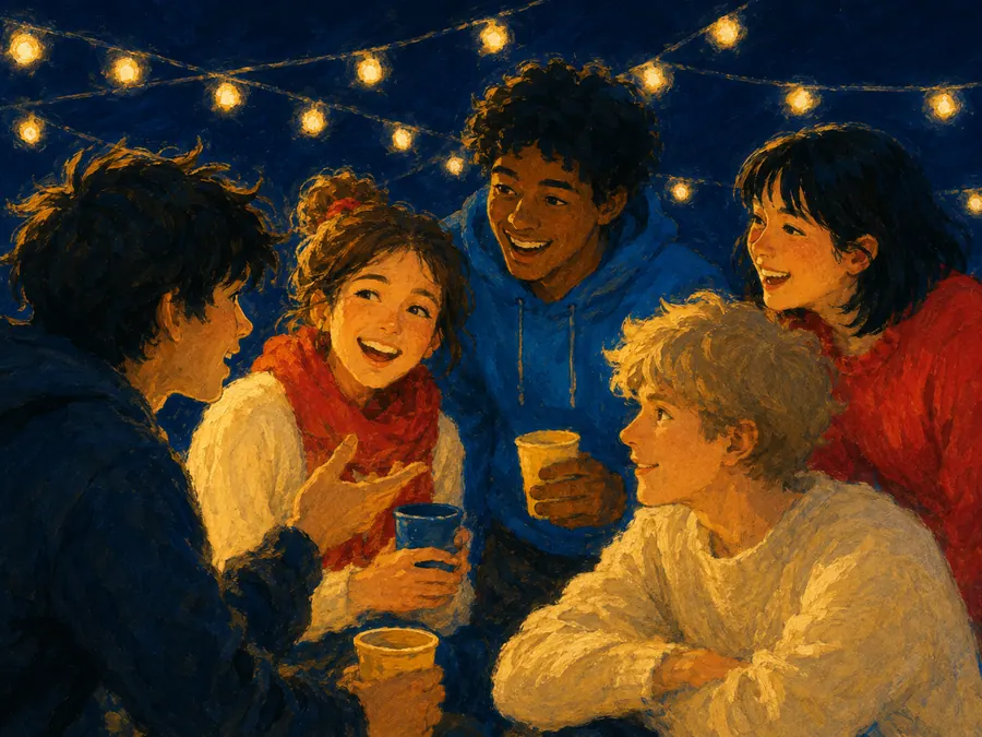 Five young people close together mid-conversation and laughing, cups in hand, under strings of warm lights.