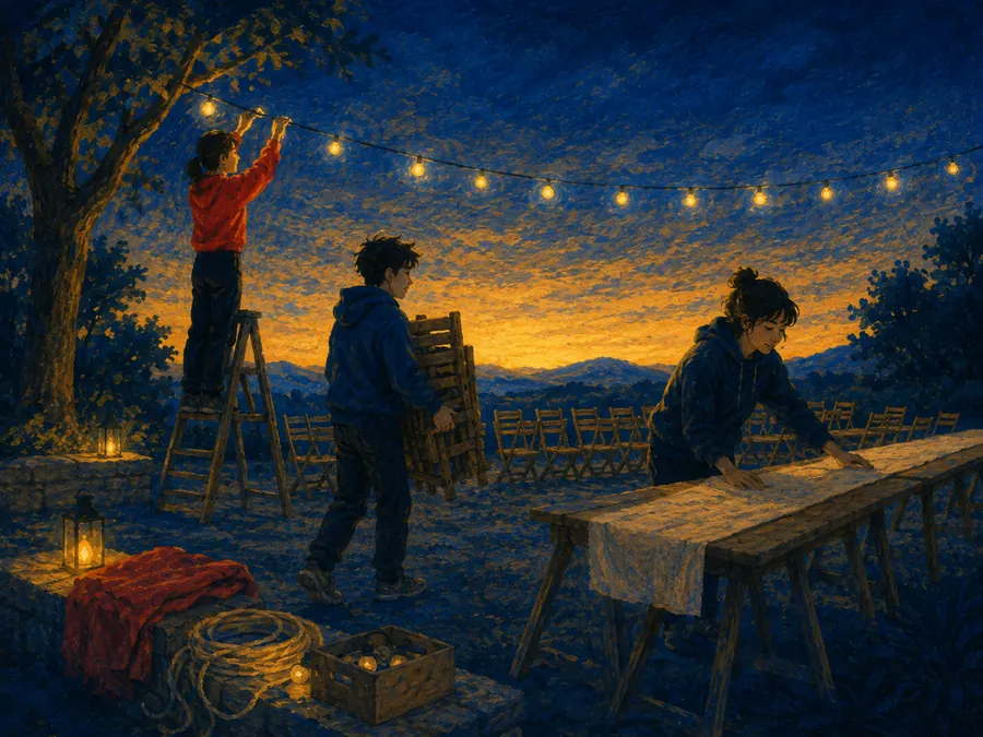 Three volunteers setting up at dusk before anyone arrives — hanging lights, carrying chairs, laying a long table.